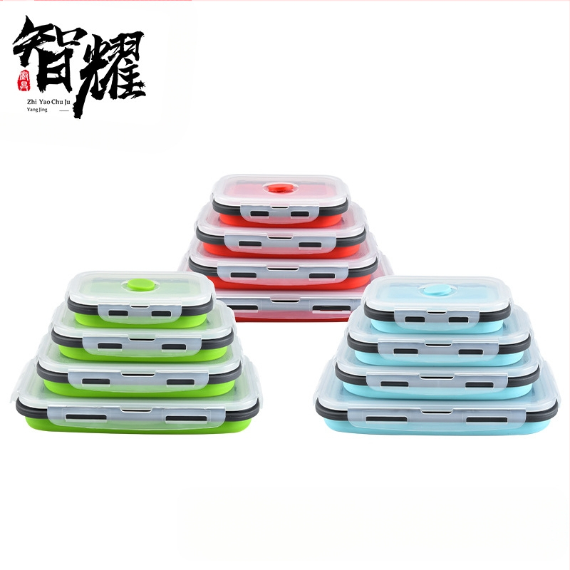 Kvadrātveida silikona saliekamā pusdienu kastīte, materiāls silikons un PP, mikroviļņu krāsns droša, tilpums 301-500ml / 501-800ml / 800-1000ml, uzglabāšanai un svaiguma saglabāšanai