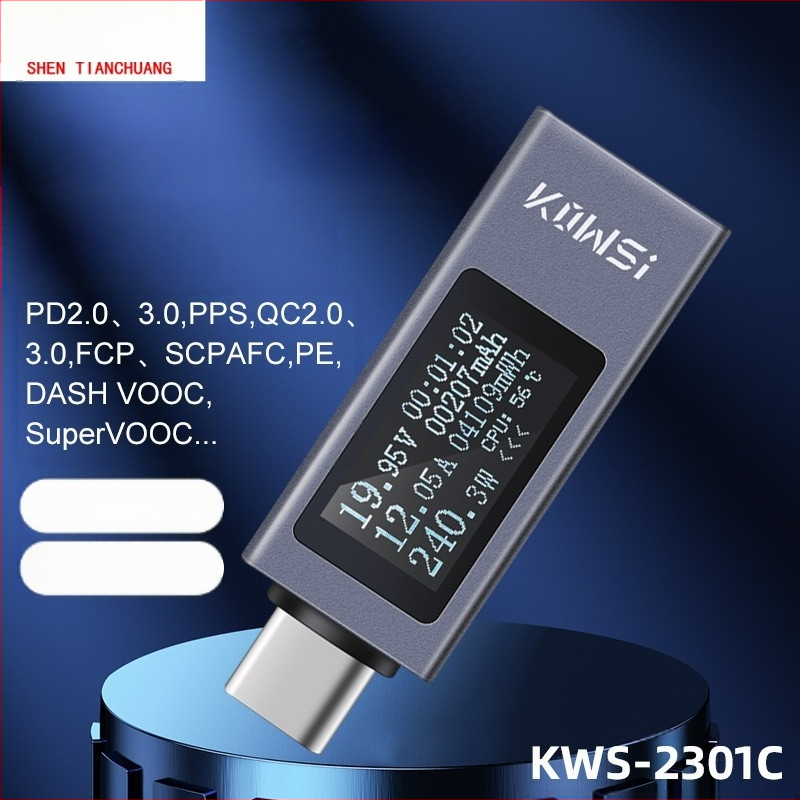 Keweisi Type-C ανιχνευτής φόρτισης για κινητά, PD έως 12A υψηλού ρεύματος, DC βολτόμετρο και μετρητής ισχύος