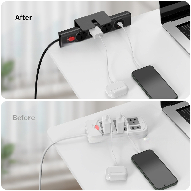 Železný kreatívny držiak na viac zásuviek s adhéznym upevnením, stolný a nástenný montáž, bez vŕtania, kábelový organizér