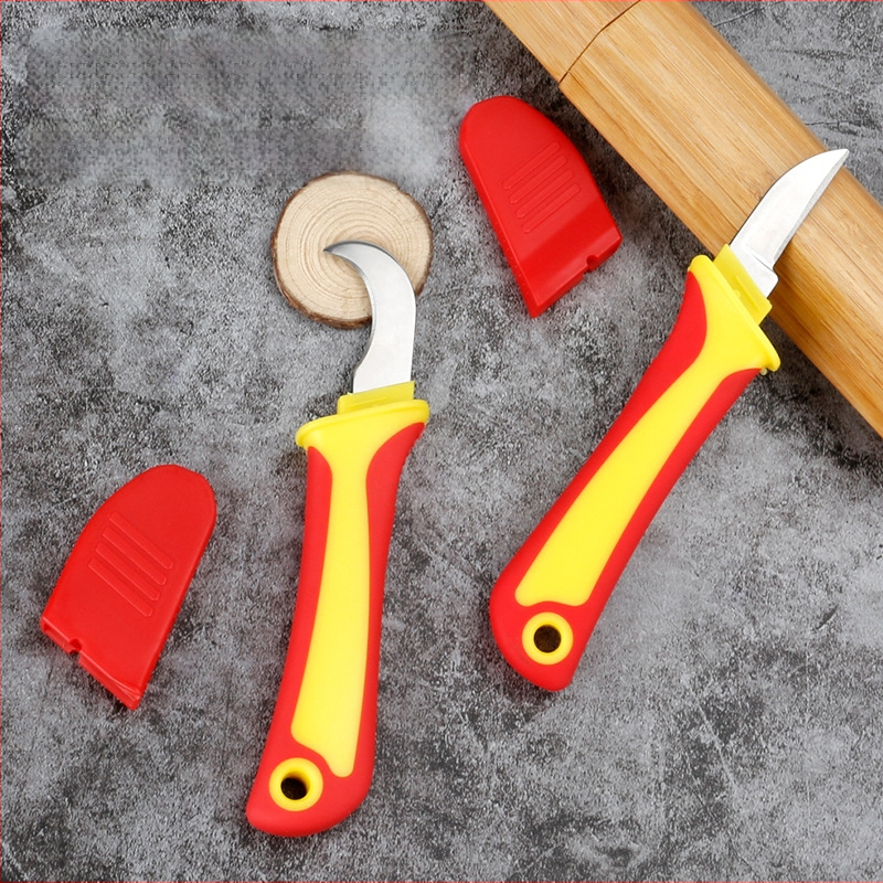 Daugiafunkcinis izoliuotas elektriko peilis su lenkta ir tiesia ašmenimis, plastine rankena, kabelių nulupimas