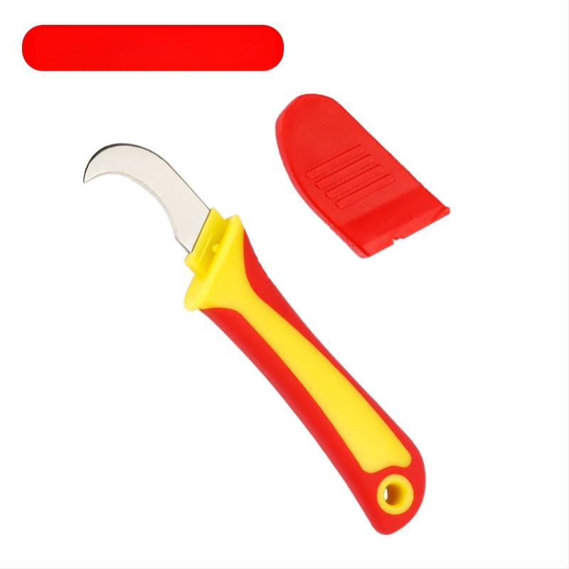 Daugiafunkcinis izoliuotas elektriko peilis su lenkta ir tiesia ašmenimis, plastine rankena, kabelių nulupimas