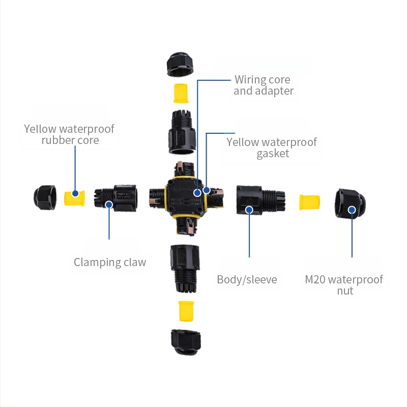 IP68 водоустойчив конектор 2-входа-2-изхода за външно LED осветление, тест до 20 м дълбочина