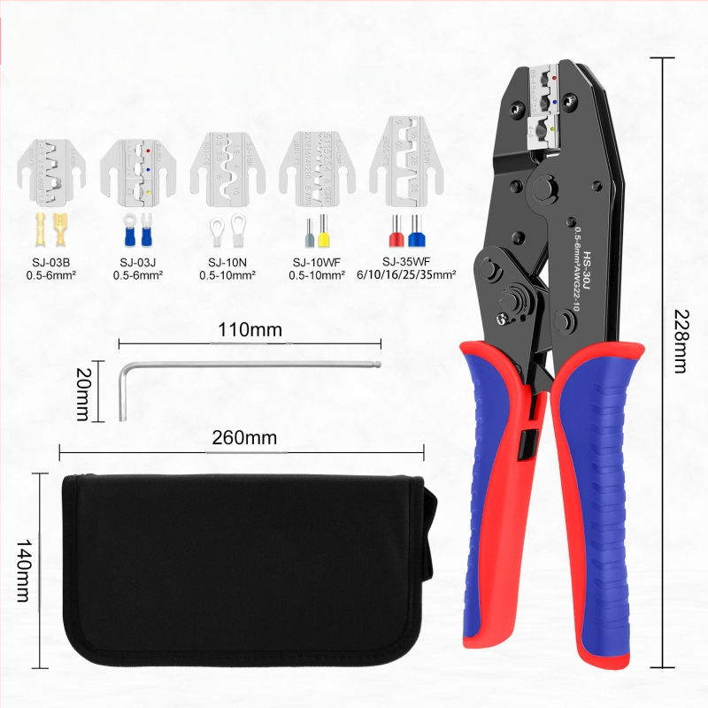 Daugiafunkcinės crimpavimo replės rinkinys – skirtas izoliuotiems, plikiems ir kištukiniams terminalams, SANJIANG, aukštos anglies plienas, svoris 1.2