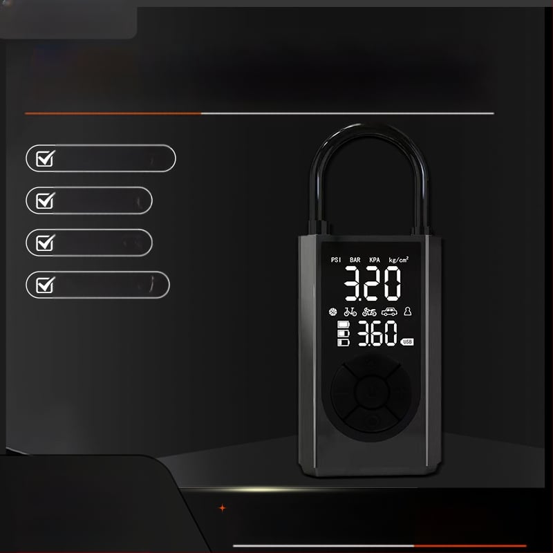 Nešiojama rankinė metalinė oro pompa su skaitmeniniu displeju ir padangos slėgio matuokliu, srautas 70 L/min, galia iki 80 W