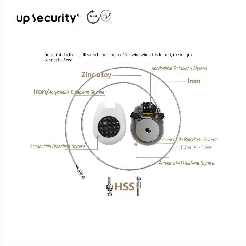 Αναδιπλούμενος κλειδαριό με συρματόσκοινο από ατσάλι, μοντέλο P40; κατάλληλο για αποσκευές, ρούχα, έλκηθρο και μοτοσικλέτα; υλικά: ABS και ανοξείδωτος χάλυβας 304; απόσταση κλειδώματος 6,3 mm