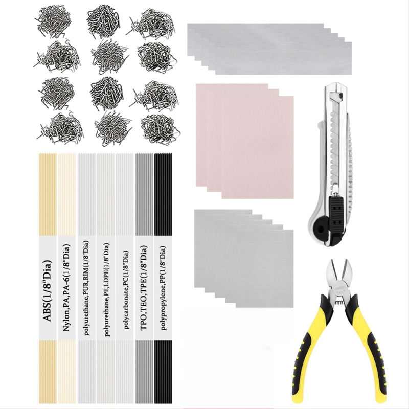 Automobilio buferio taisymo įrenginys su plastiko taisymo įrankiais, plastiko suvirinimo lazdelėmis ir replėmis — Neutralus prekės ženklas, neimportuotas