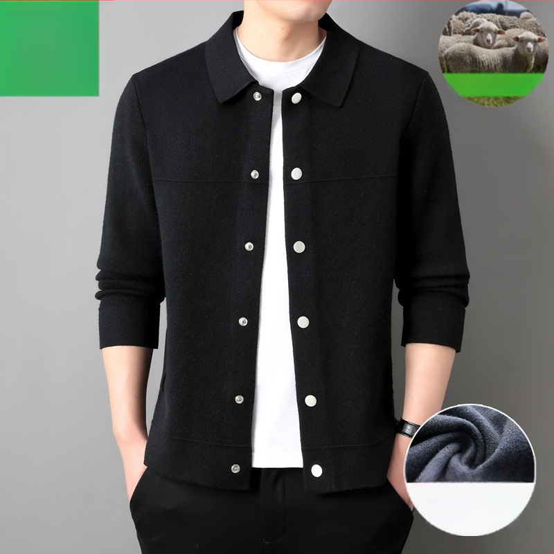 Vyrinis vilnos kardiganas – plona vilna 30–35%, storas mezginys, apykaklė su reveru, ilgos rankovės, rišinis kraštas