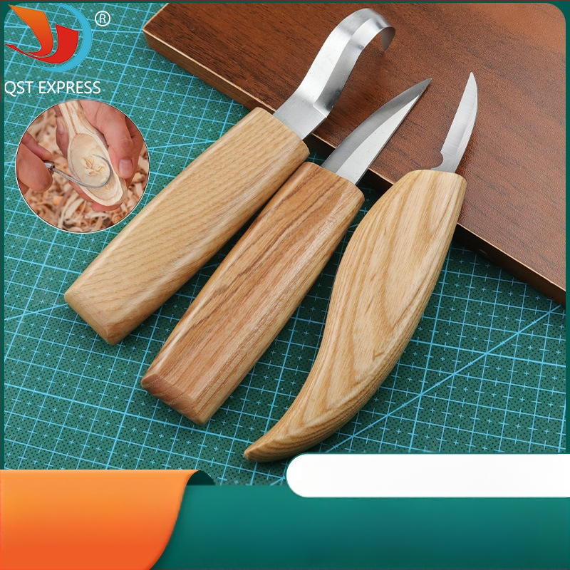 3 dalių medienos drožybos įrankių rinkinys: drožtuvės peilis, šaukštų peilis ir šlifavimo įrankis – rankų darbo raštai