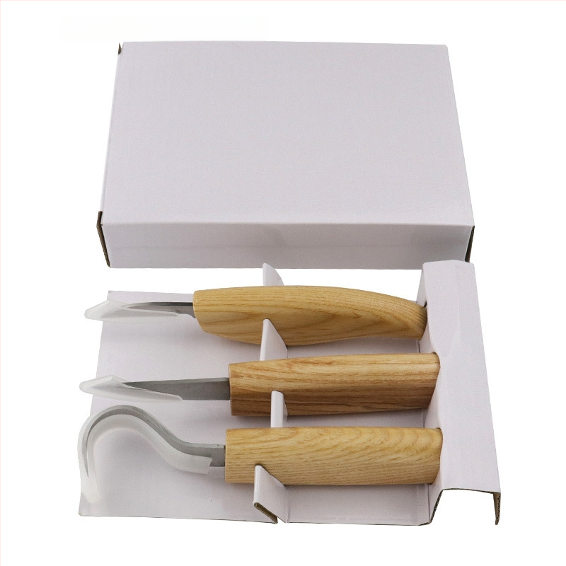 3 dalių medienos drožybos įrankių rinkinys: drožtuvės peilis, šaukštų peilis ir šlifavimo įrankis – rankų darbo raštai