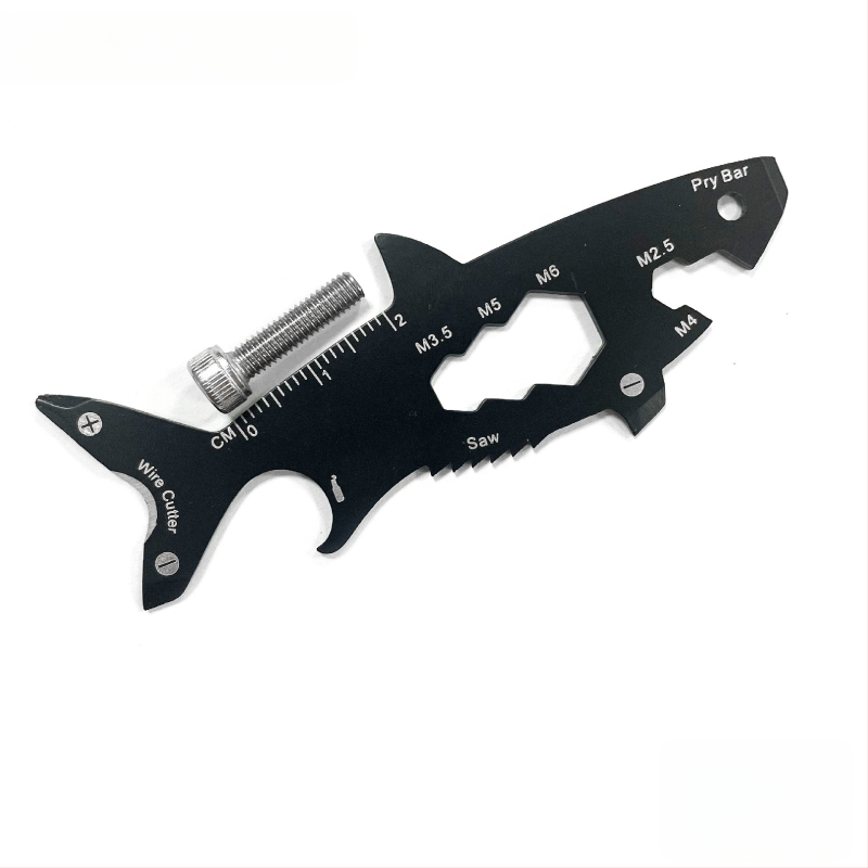 EDC išgyvenimo įrankių kortelė, ryklio formos butelių atidarytuvas, nerūdijantis plienas, 18 g, 15-in-1 daugiafunkcinė raktų grandinė