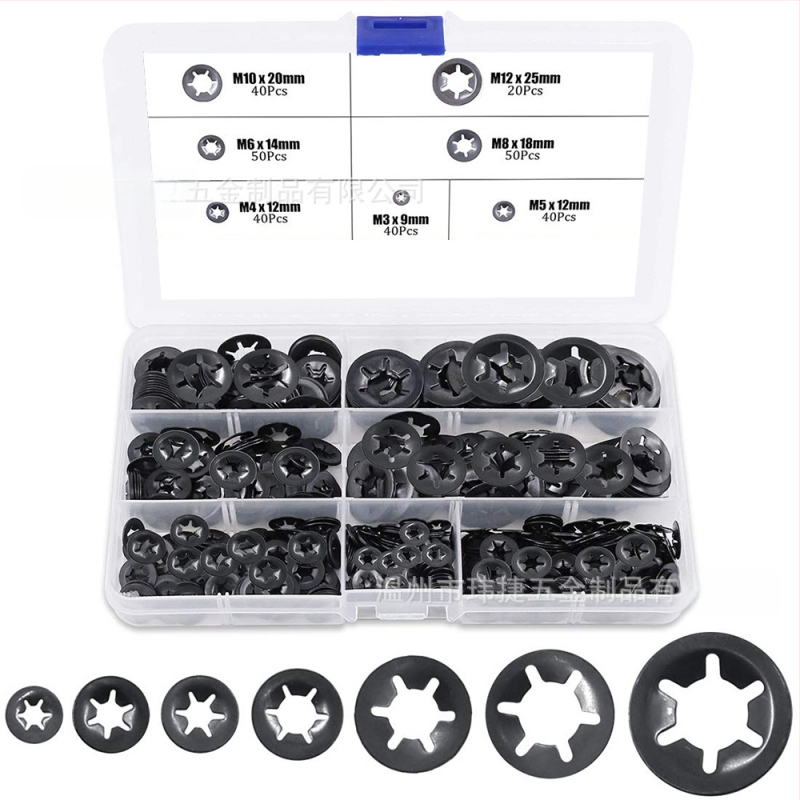 Plum Blossom guolių laikiklio žiedas ir spaustukas, 65Mn plienas, juodo cinko danga, GB849-88, Klasė B, 280 vnt.