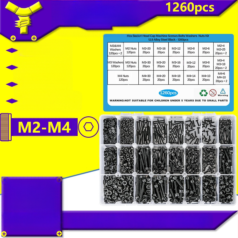 1260 τεμάχια βίδες από ανθρακούχο ατσάλι με μαύρο φινίρισμα DIN 912 Cup Head Hex Socket Head Cap Screws, 12.9 κατηγορία, σετ με παξούλια και επίπεδες ροδέλες