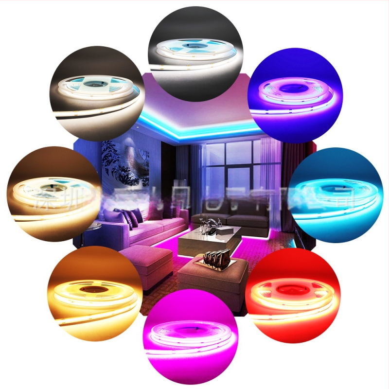 COB LED juosta, 384 LED, CRI 90, Įvestis 12–24V, 12 W/m, 180° šviesos spindulys