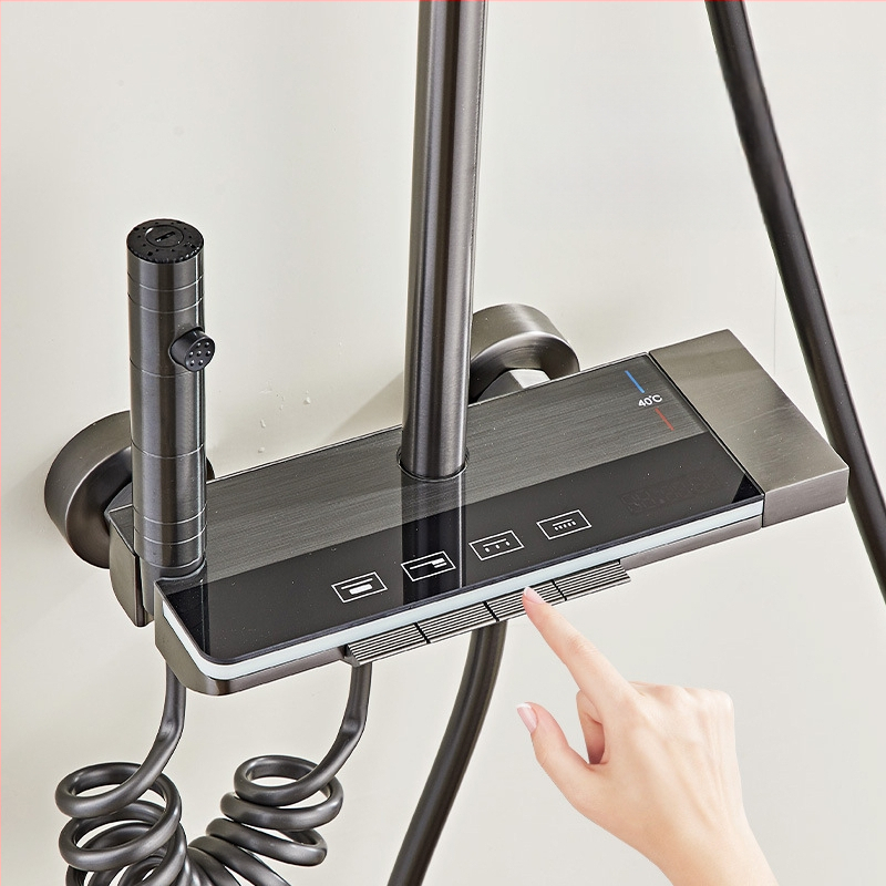 Space Aluminum dušo komplektas su skaitmeniniu ekranu, LED apšvietimu ir lietaus funkcija; paslėptas montavimas, kvadratinė dušo galvutė, model HS03030201Q