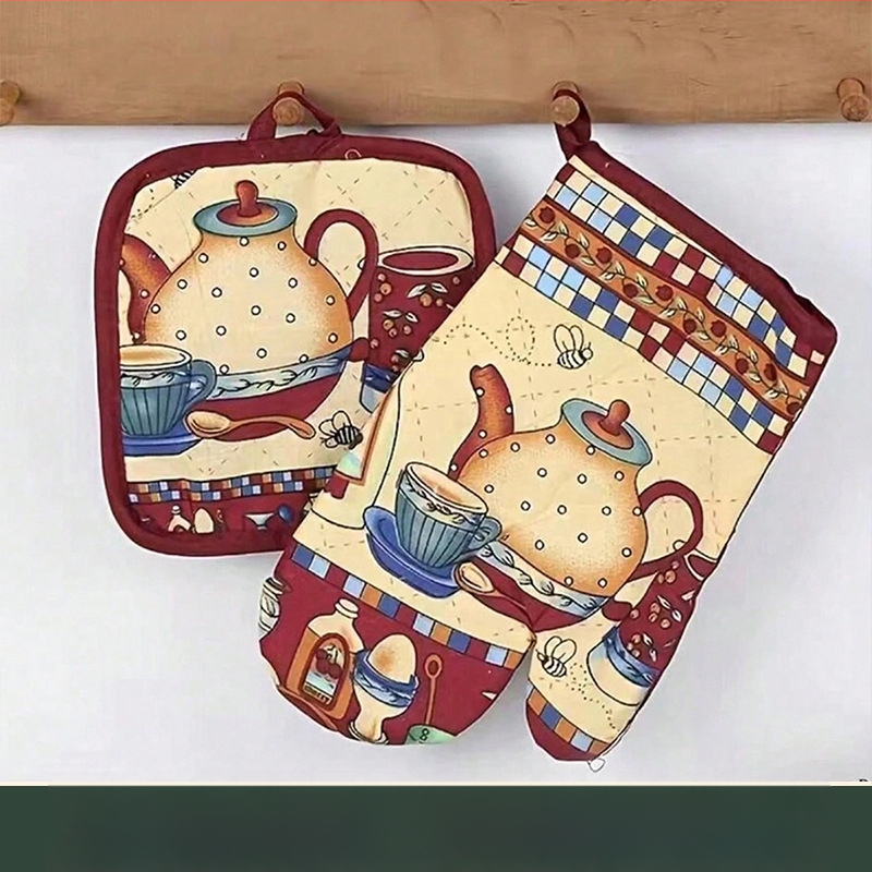 Σετ δύο τεμαχίων φούρνου μικροκυμάτων από πολυεστέρα-βαμβάκι, με θερμοανθεκτικά γάντια φούρνου και σουπλά, με προσαρμόσιμο πατροπαράδοτο σχέδιο