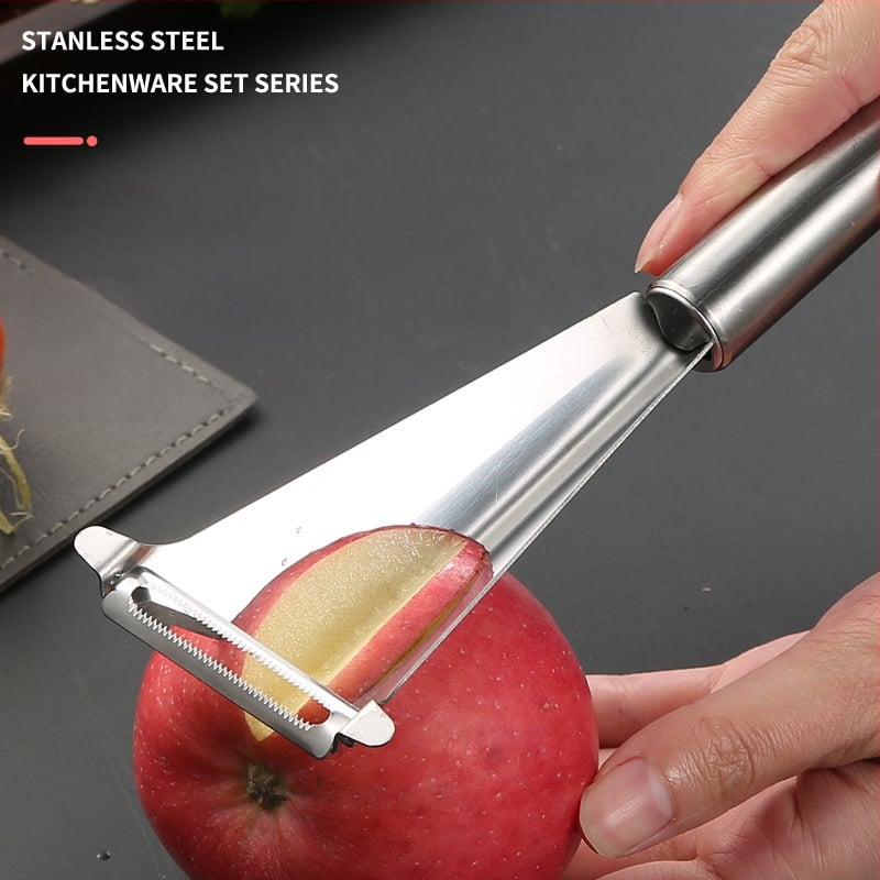 Trys viename vaisių ruošimo įrankis: nulupti, supjaustyti ir raižyti peiliu – nerūdijantis plienas, pritaikomas, su įspaustu logotipu, licencijuotas privatinis ženklas