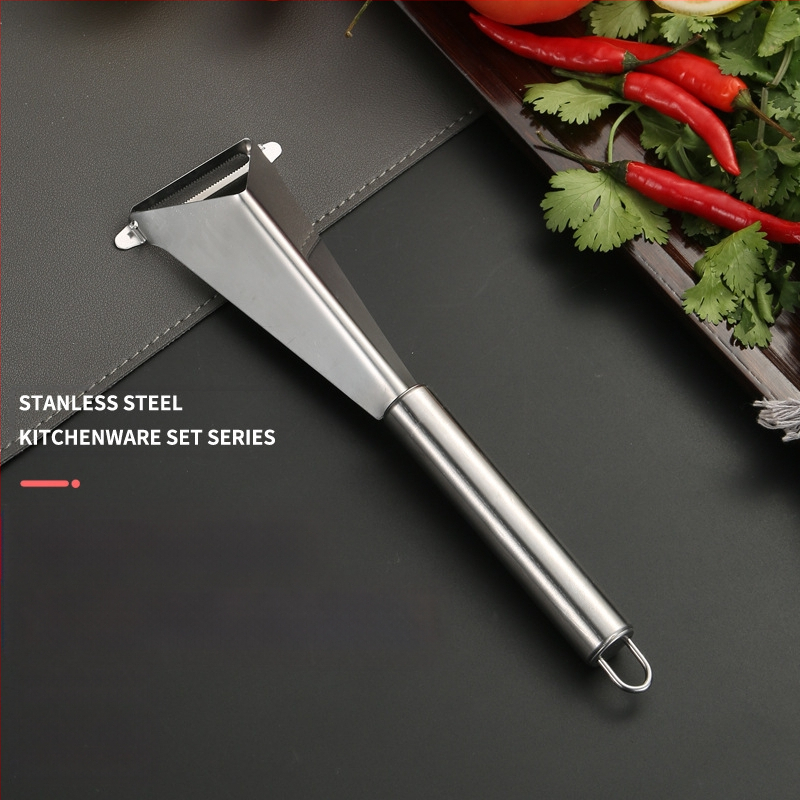 Trys viename vaisių ruošimo įrankis: nulupti, supjaustyti ir raižyti peiliu – nerūdijantis plienas, pritaikomas, su įspaustu logotipu, licencijuotas privatinis ženklas