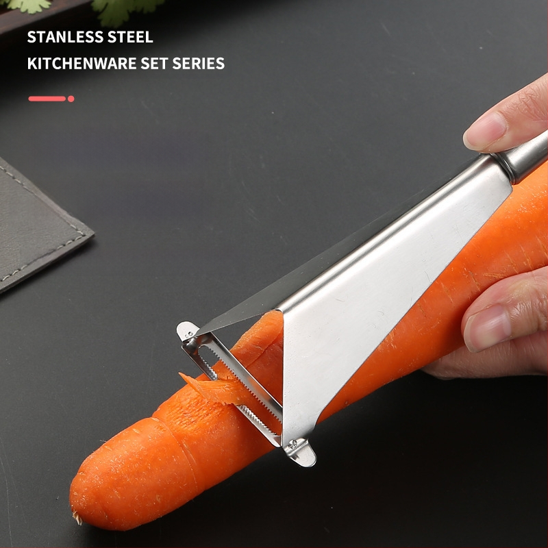 Trys viename vaisių ruošimo įrankis: nulupti, supjaustyti ir raižyti peiliu – nerūdijantis plienas, pritaikomas, su įspaustu logotipu, licencijuotas privatinis ženklas