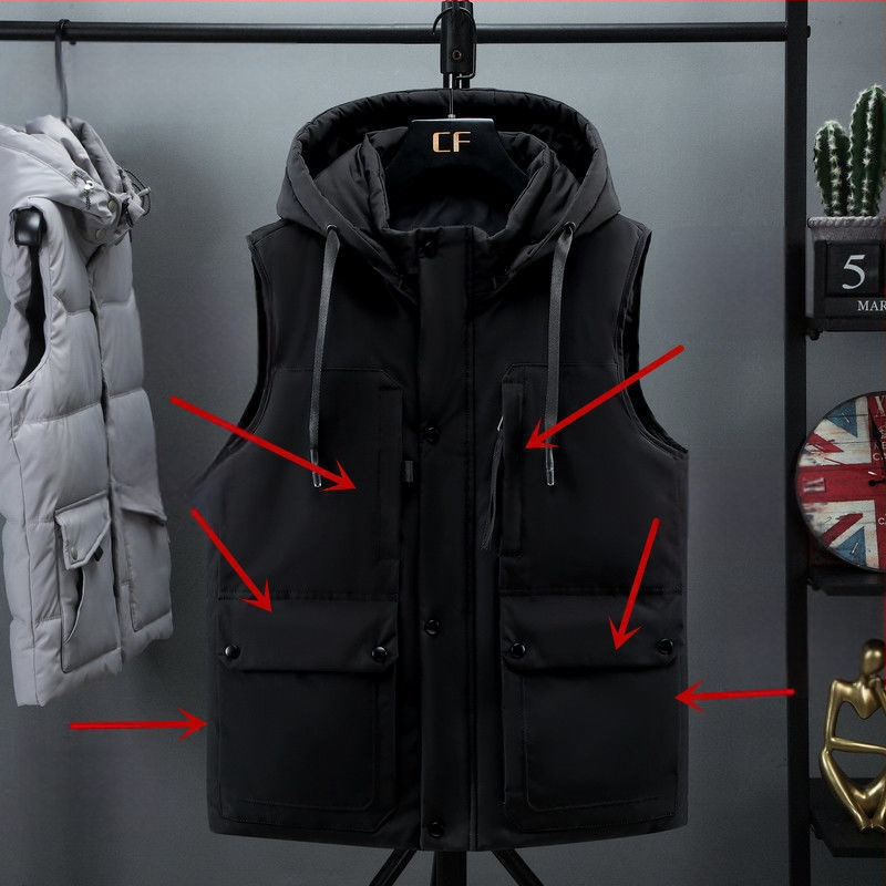 Ανδρικό γιλέκο από βαμβάκι, κορεατικού στυλ καρντιγκάν, χαλαρή γραμμή, κουκούλα, παχιά κατασκευή, επένδυση από πολυεστέρα, με πολλαπλές τσέπες