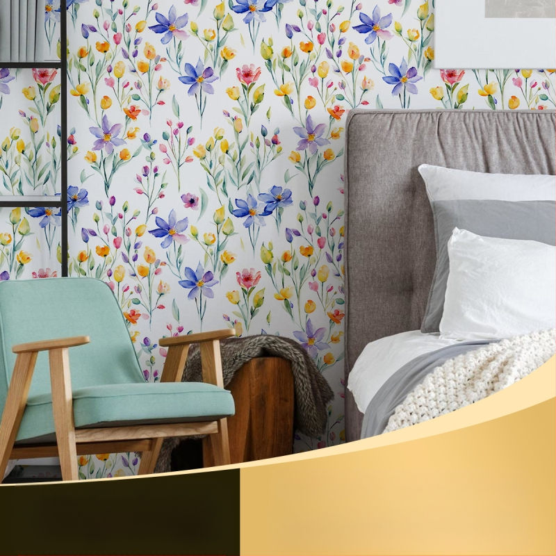 Lipnūs PVC tapetai su žalios augalų motyvais ir gėlių šakelėmis, šiuolaikiškas minimalistinis stilius, premium (Funkcija: lipnūs; Medžiaga: PVC; Sluoksnis: PVC; Stilius: modernus minimalistinis; Klasė: premium)