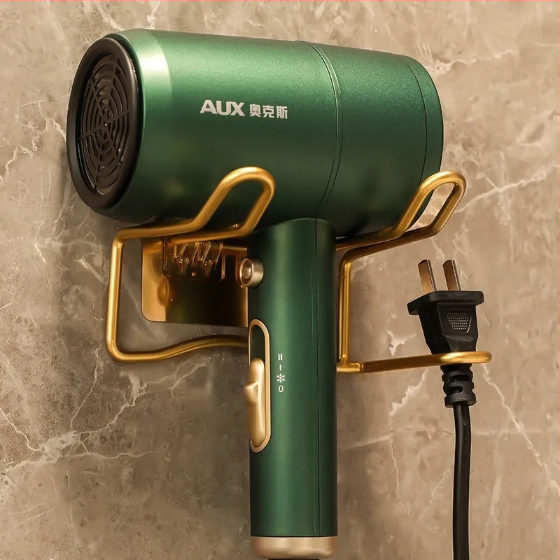 Vonios kambario plaukų džiovintuvo laikiklis – sieninis be gręžimo montavimas, 10 kg apkrova, purškimo dažų danga, modelis Blowing Rack