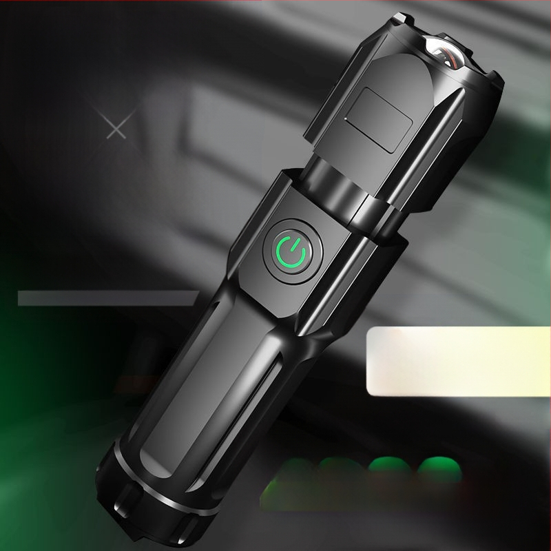 Lanternă LED telescopic portabilă, compactă, cu zoom și lumini laterale, sursă duală, 5W LED, baterie 500 mAh, încărcare, rază 100–200 m, acționare manuală