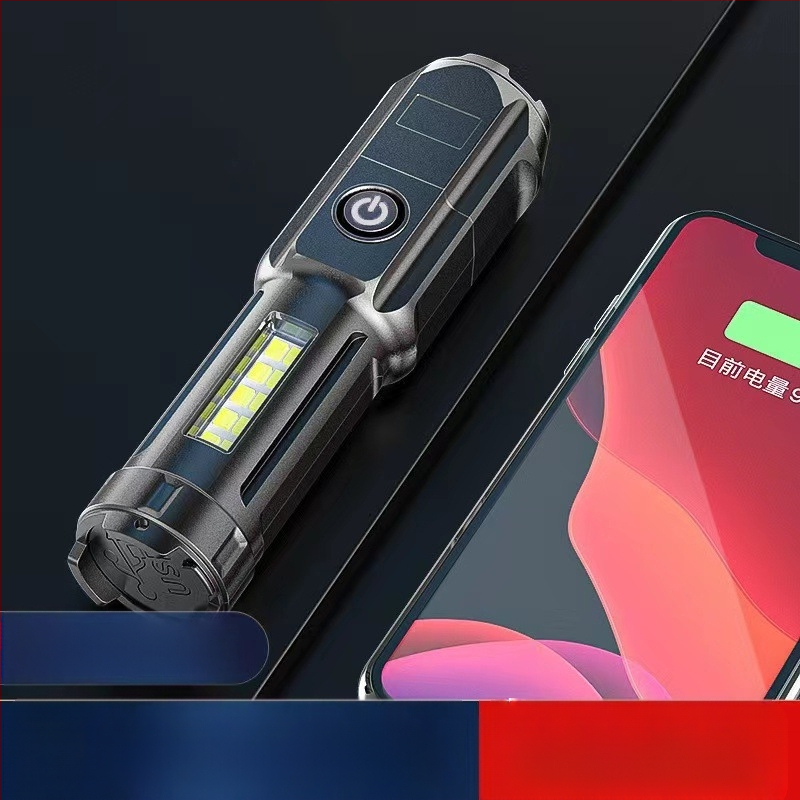 Lanternă LED telescopic portabilă, compactă, cu zoom și lumini laterale, sursă duală, 5W LED, baterie 500 mAh, încărcare, rază 100–200 m, acționare manuală