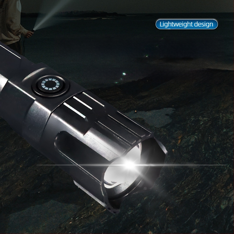 Rankinis prožektorius su teleskopiniu priartinimu, 100 lm, diapazonas iki 100 m, įkraunamas, 18650 akumuliatorius, modelis JY-81020, tinkamas stovyklavimui ir žygiams