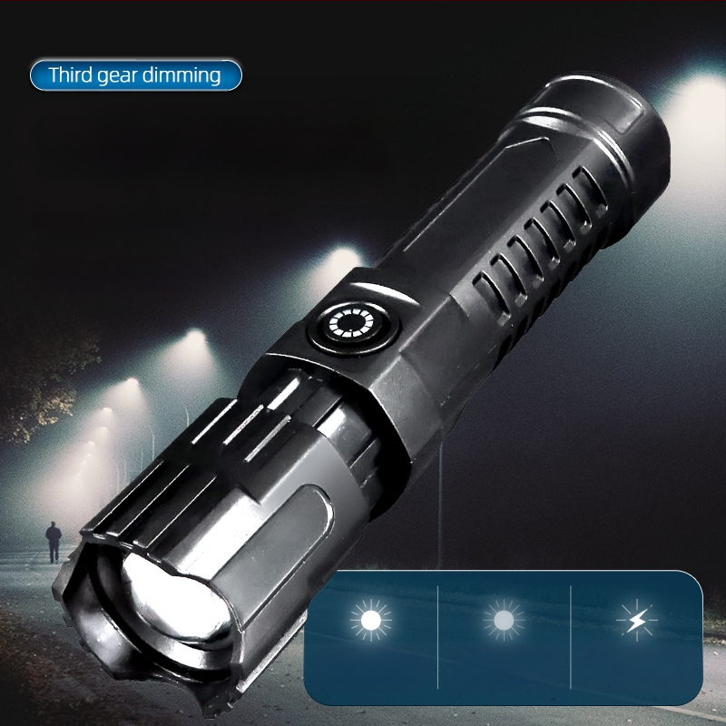 Rankinis prožektorius su teleskopiniu priartinimu, 100 lm, diapazonas iki 100 m, įkraunamas, 18650 akumuliatorius, modelis JY-81020, tinkamas stovyklavimui ir žygiams