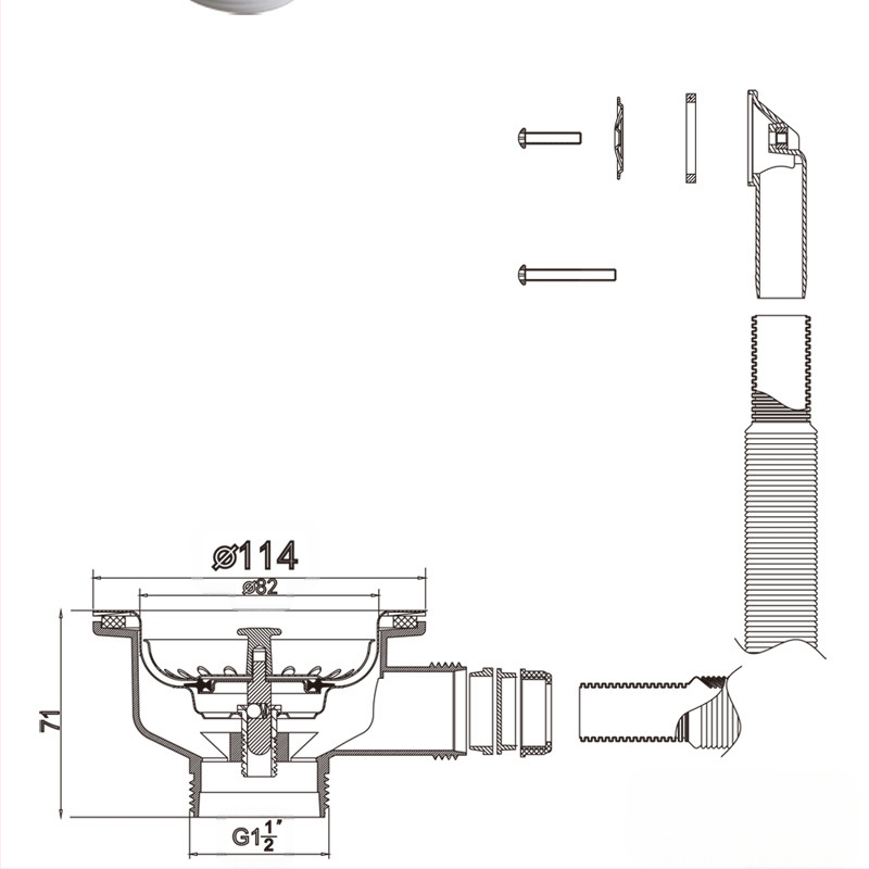 Odvod za sudoper, model XK225C034, materijal PP+304, specifikacija 114, težina 268 g, moderni minimalistički stil