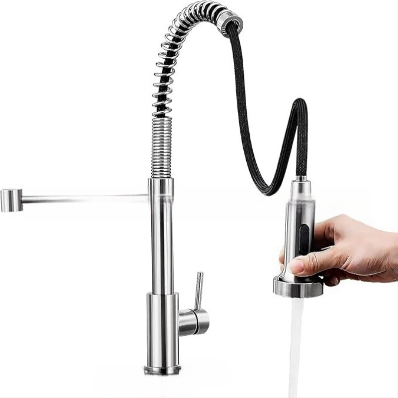 Nerūdijančio plieno virtuvės čiaupas su ištraukiamu mechanizmu, matinio paviršiaus – maišymo čiaupas, 0–90°C, 1.0 MPa