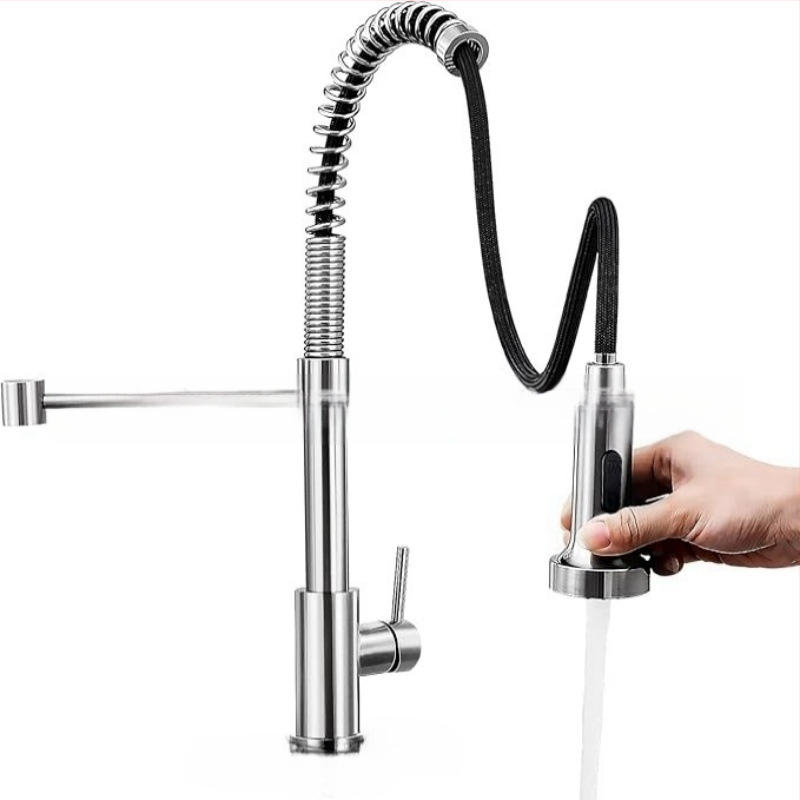 Nerūdijančio plieno virtuvės čiaupas su ištraukiamu mechanizmu, matinio paviršiaus – maišymo čiaupas, 0–90°C, 1.0 MPa