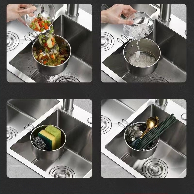 Virtuvės plautuvei – pakabinamas nusausinimo krepšelis daržovėms ir vaisiams, iš nerūdijančio plieno, su apvalia pakabinimo rankena, šiuolaikinis minimalistinis dizainas