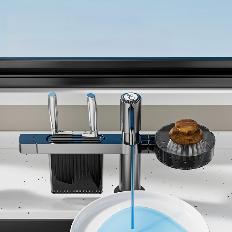 Smart organizator za kuhinjski sudoper sa dozatorom sapuna i držačem noževa — ABS, model DJZYEQ, 530 g