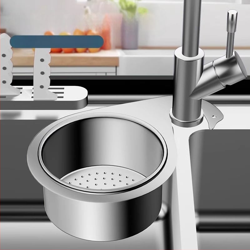 Nerūdijančio plieno pakabinamas nosusdinimo indas virtuvės plautuvei, su sausai–drėgniam atskyrimui ir daržovių plovimo filtrui