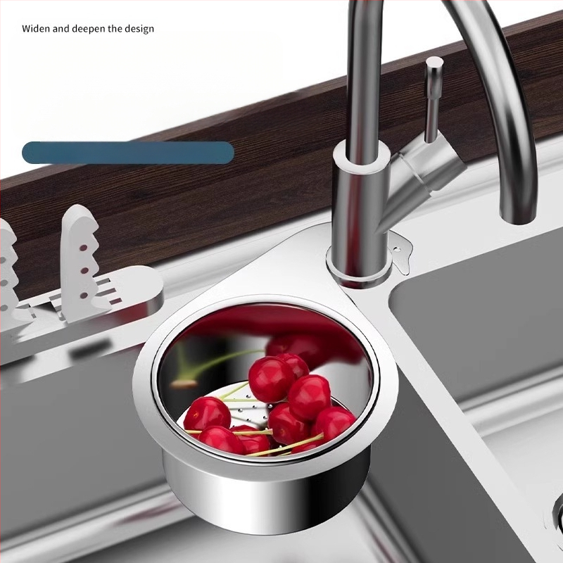 Nerūdijančio plieno pakabinamas nosusdinimo indas virtuvės plautuvei, su sausai–drėgniam atskyrimui ir daržovių plovimo filtrui