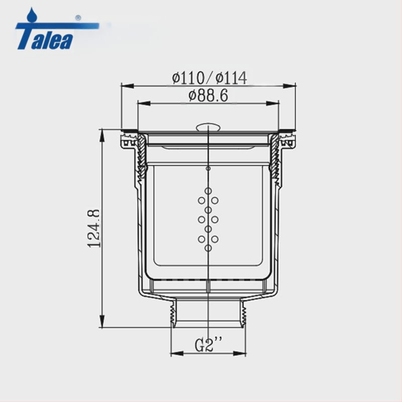 XK265 Αποχέτευση νεροχύτη κουζίνας – Τύπος κλουβί; Υλικά: PP και SUS304; Διπλής στρώσης κατασκευή από πλαστικό-χάλυβα; Διαμέτρει Ø110–114 mm