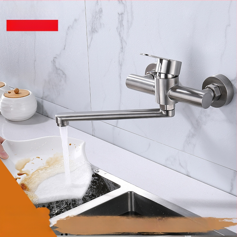 Sienos montuojamas virtuvės maišytuvas iš 304 nerūdijančio plieno su šlifavimo paviršiumi, ištemptas antgalis, modelis YQ1010F-W, keraminis vožtuvas, įvadas/išvadas G1/2, 1.0 MPa, 100°C