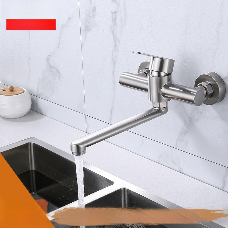 Sienos montuojamas virtuvės maišytuvas iš 304 nerūdijančio plieno su šlifavimo paviršiumi, ištemptas antgalis, modelis YQ1010F-W, keraminis vožtuvas, įvadas/išvadas G1/2, 1.0 MPa, 100°C