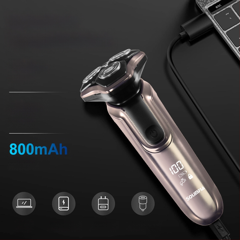 Aparat de ras electric cu afișaj LED, cap rotativ cu 3 lame, IPX7, încărcare USB, baterie încorporată de 500–800 mAh