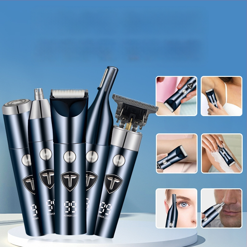 Mașină de tuns păr 5-în-1 cu afișaj digital, reîncărcabilă, rezistentă la apă, lame din oțel inoxidabil, baterie încorporată 800–1000 mAh, autonomie 1–3 ore