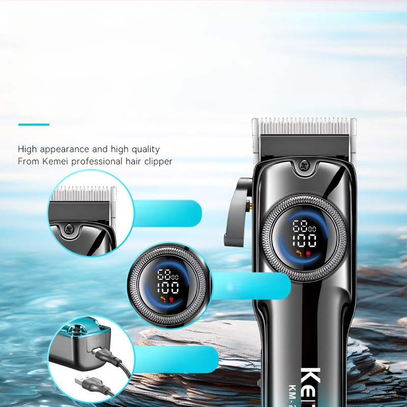 Elektrinis plaukų kirpimo mašinėlė KM-2279 su LCD ekranu, įmontuota baterija 500–800 mAh, veikimo laikas 1–3 val., nerūdijančio plieno peiliukai, atsparus vandeniui