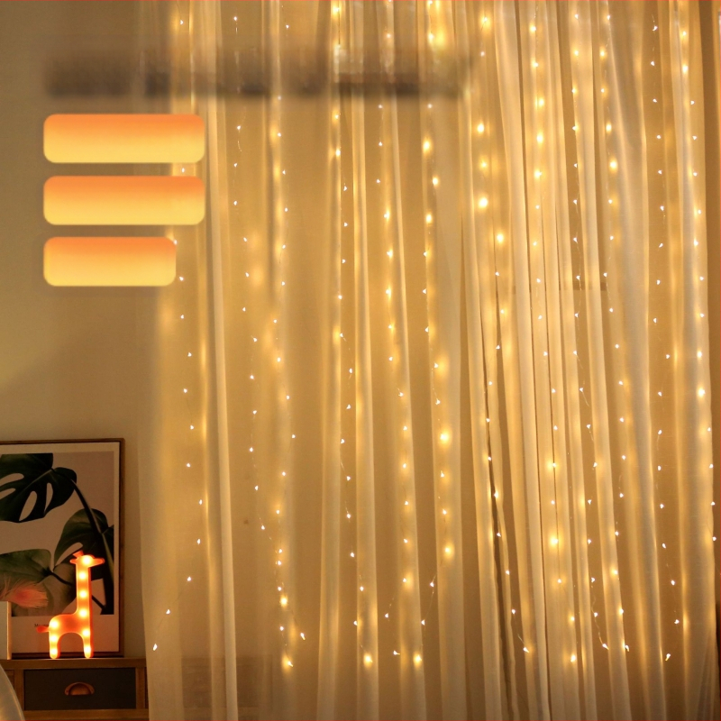 LED užuolaidų šviesos USB maitinimas, 300 LED, nuotolinio valdymo su aštuoniomis funkcijomis, reguliuojamas šviesos intensyvumas, 3000K