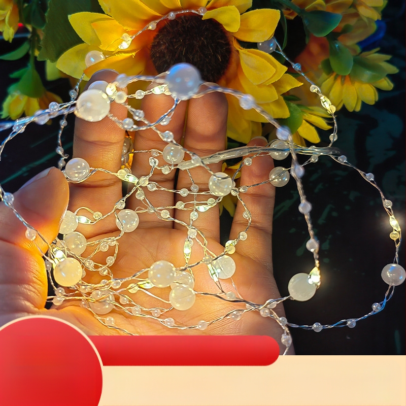 Perlų vielos LED šviesos grandinė, 200 LED, 3000K šilta balta, IP43, maitinama baterijų dėže, nuotolinio valdymo