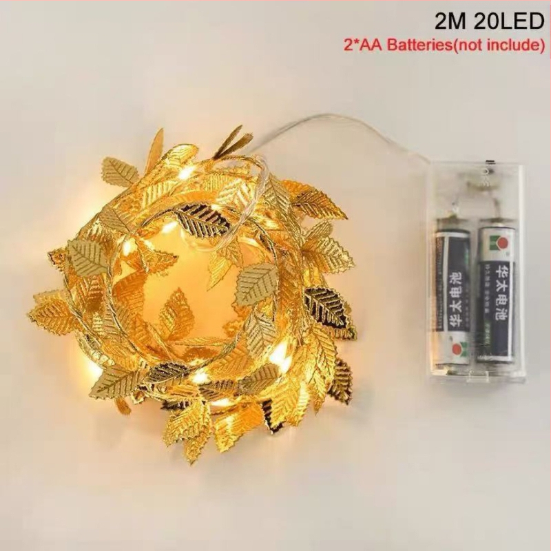 LED Kalėdinė dekoratyvinė šviesų vija su 20 LED, IP43, baterijų dėžutė, rankinis jungiklis, vidaus ir lauko naudojimui, aukso lapų ratano motyvas