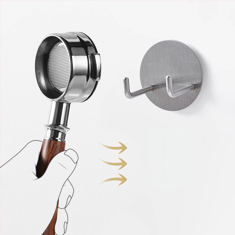 Sieninis nerūdijančio plieno laikiklis espresso kavos aparato rankenoms ir tampers lentyna su kabliukais