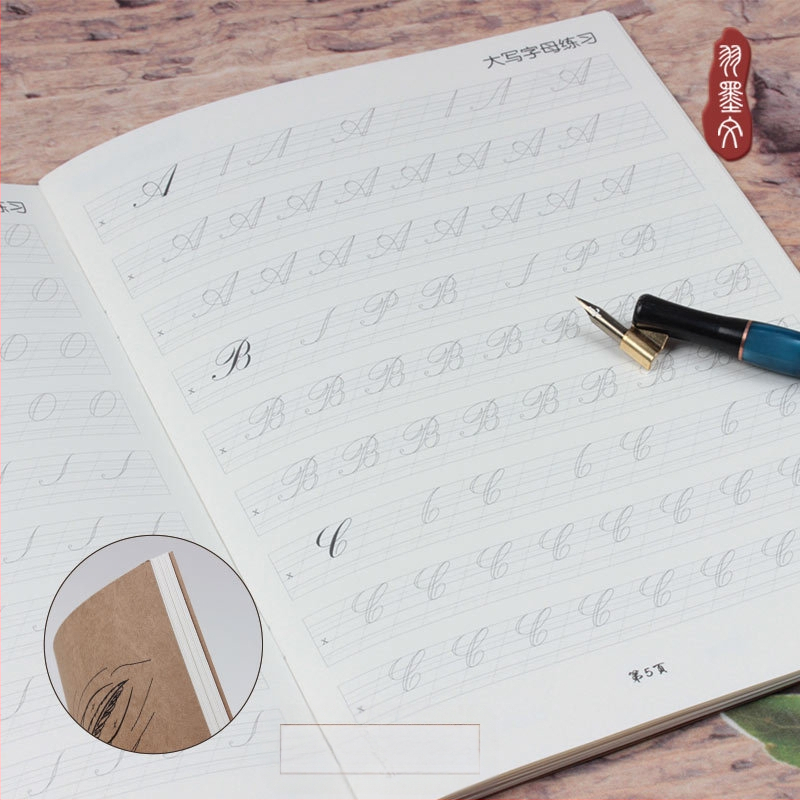 Anglų kaligrafija: praktikos sąsiuvinis su apvaliais brūkšniais, brūkšnių tvarka, pradedantiesiems, dekoratyvus šriftas, Yu Mowen