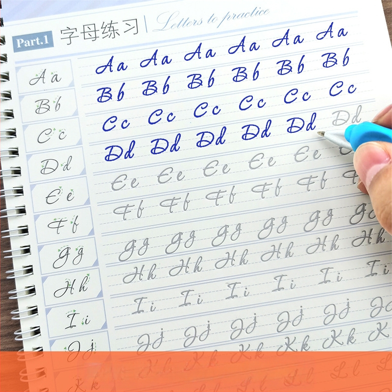 Anglų kaligrafijos praktikos knygelė: išskirtiniai ir apvalūs raidės stiliai su įdubos vadovu — Prekės ženklas: Handwriting Before; Ne dovana; IP leidimas: Ne