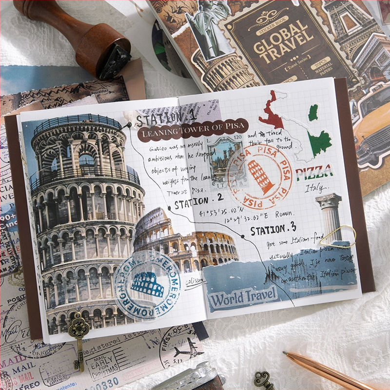 Vintage Europos stiliaus kelionių dienoraščio fono lipdukų rinkinys, 50 vnt., DIY koliažas, spausdinta