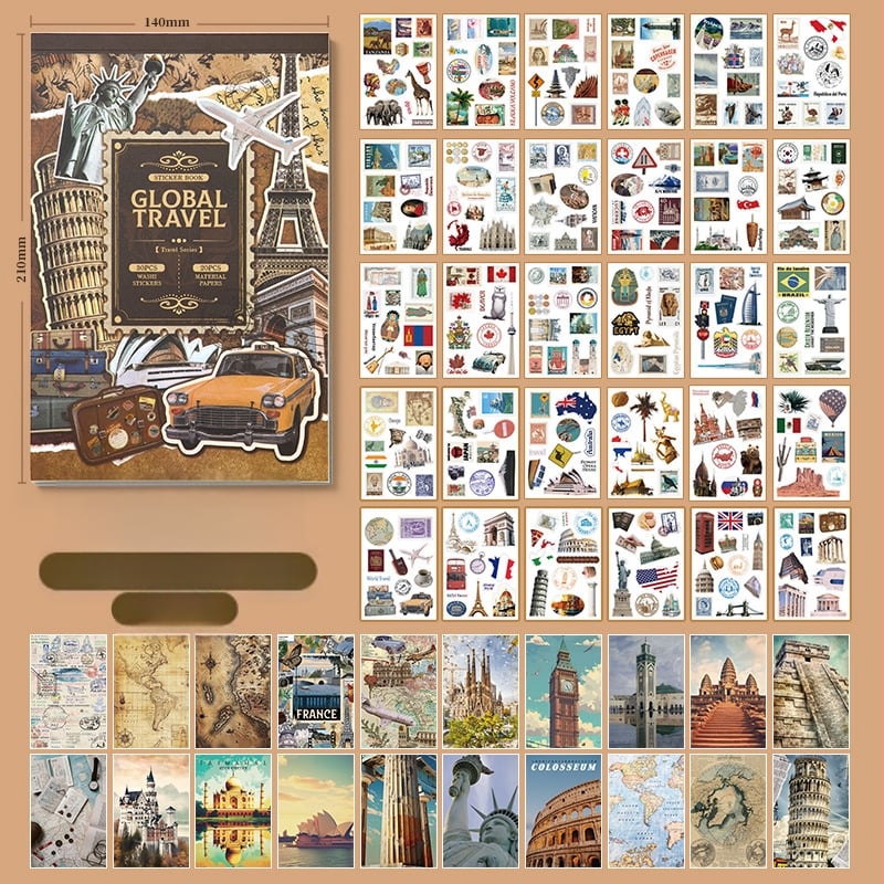 Vintage Europos stiliaus kelionių dienoraščio fono lipdukų rinkinys, 50 vnt., DIY koliažas, spausdinta